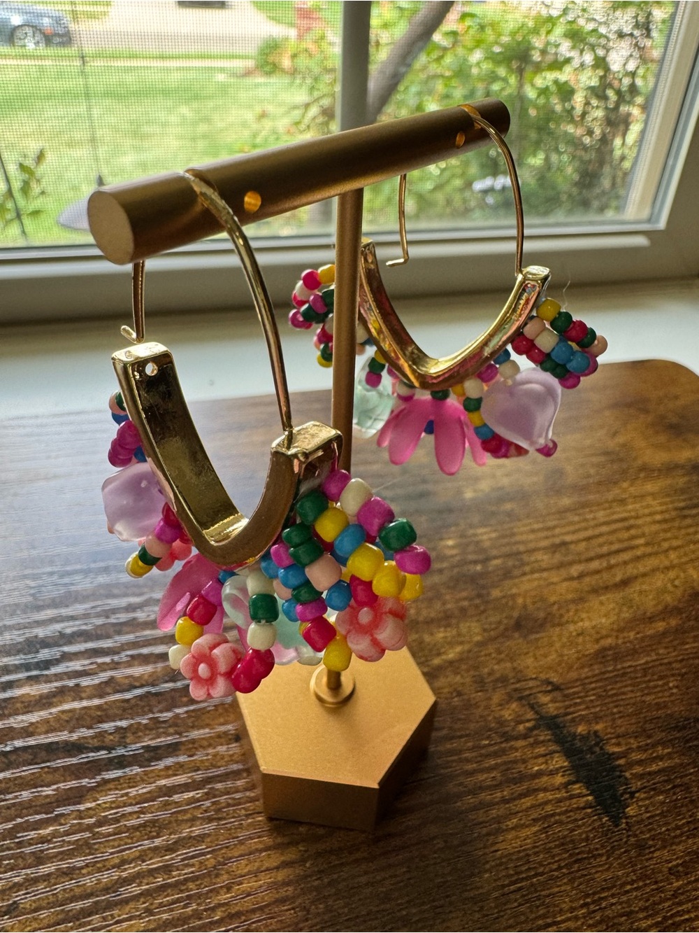 Boho Colorful Beaded Flower & Heart Hoop Earrings